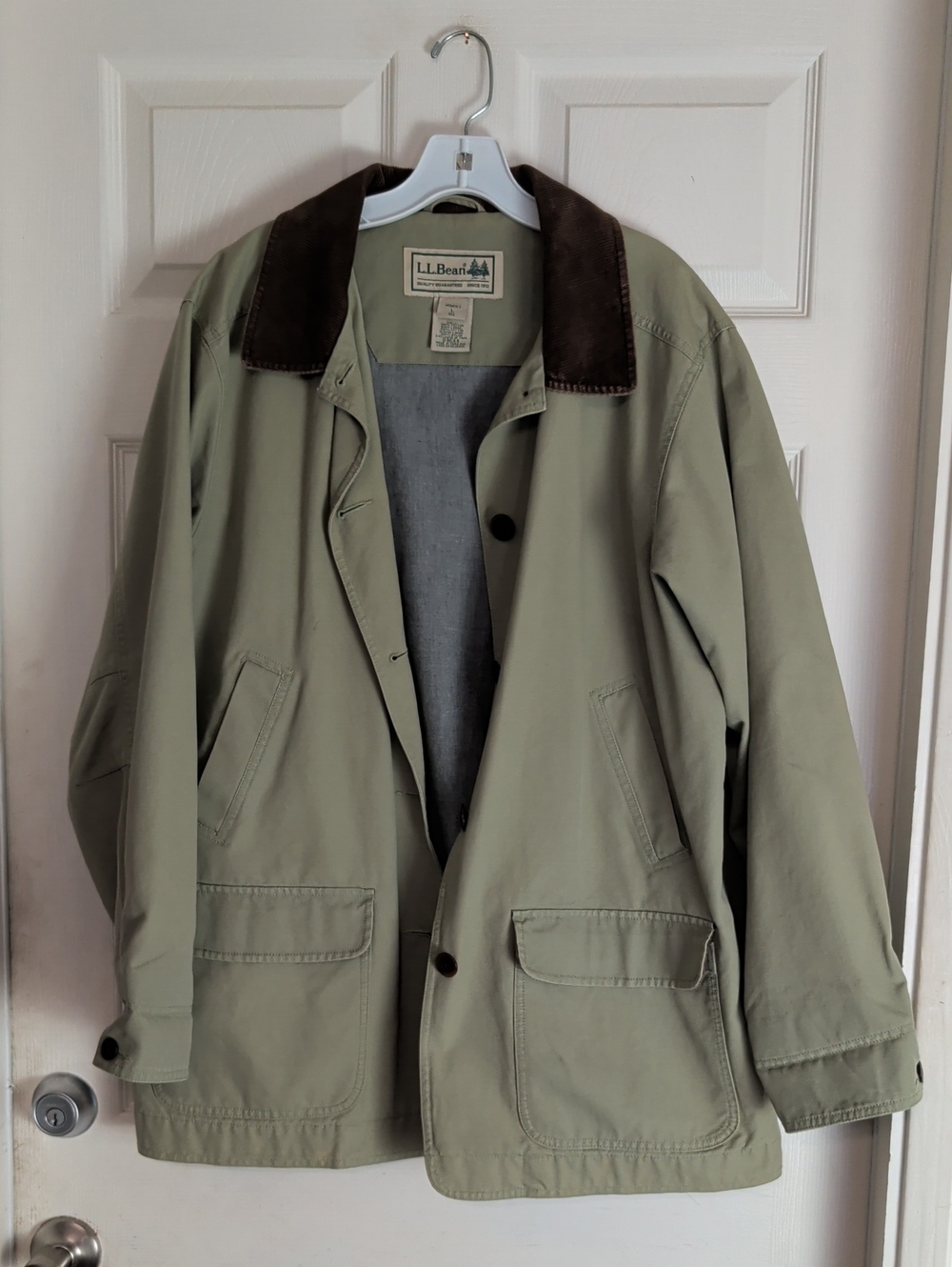 LL Bean Chore Jacket Coat Womens L Green Lined Canvas Barn Coat Corduroy Collar